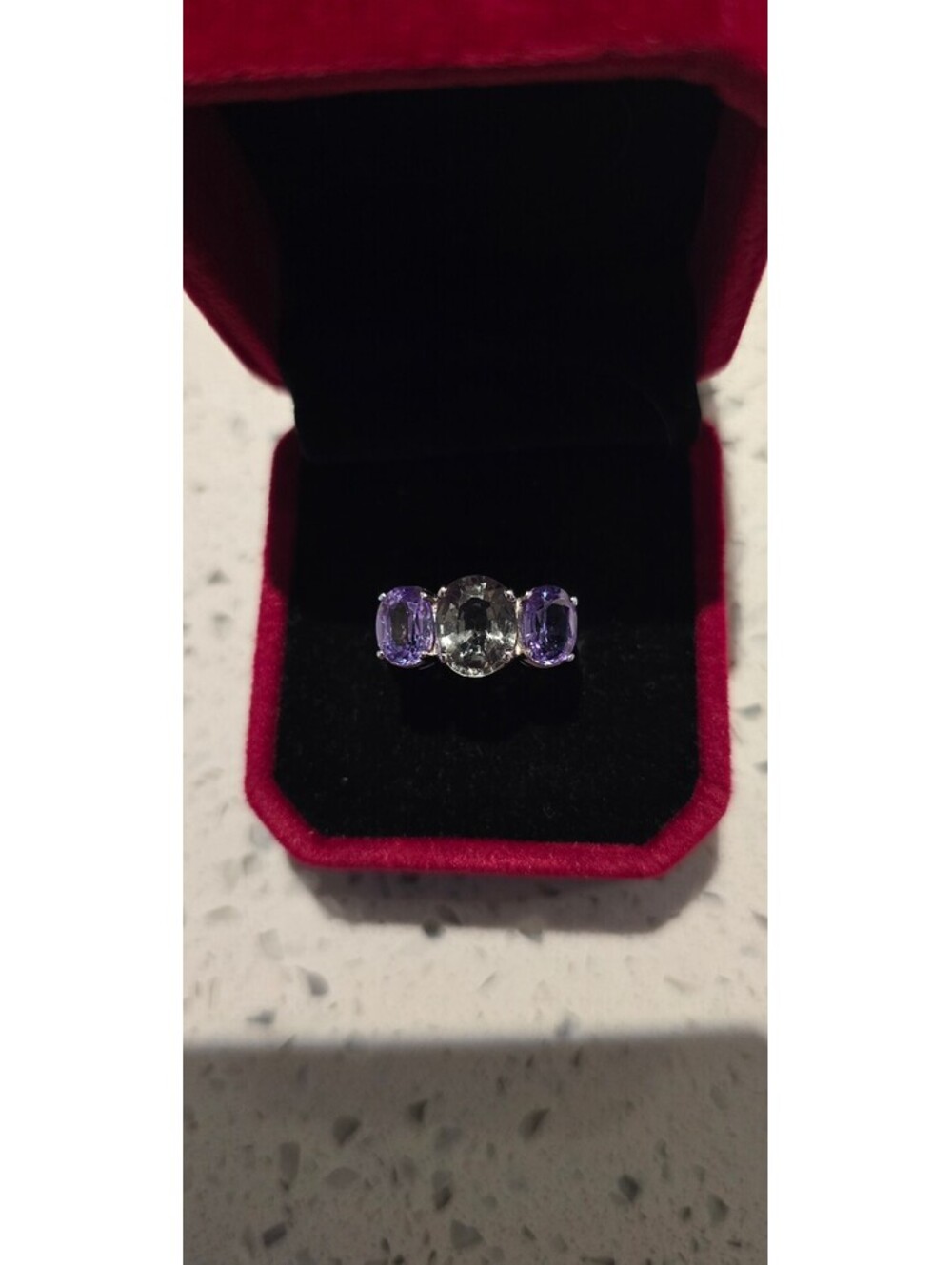 Rare Three-stone natural green and purple sapphire ring in silver,  sz 8